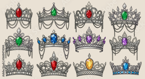 Collection of twelve ornate silver crowns adorned with colorful gemstones and intricate detailing designs
