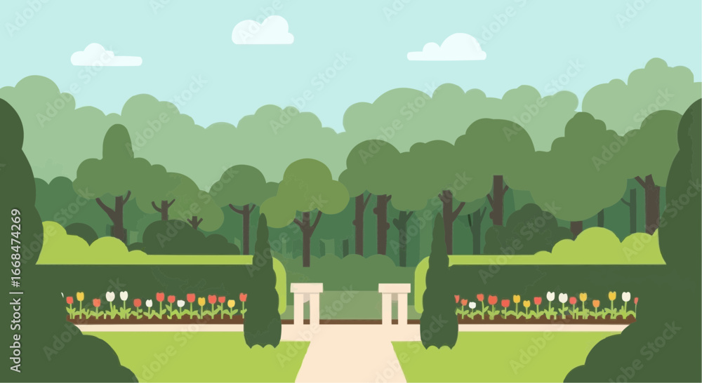 Fototapeta premium Formal garden with vibrant tulips and lush green trees.