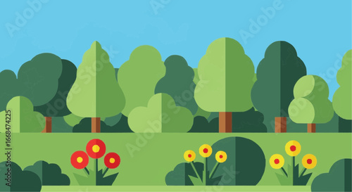 A flat vector illustration of a summer landscape with a green meadow, colorful flowers, and a dense forest under a clear blue sky.