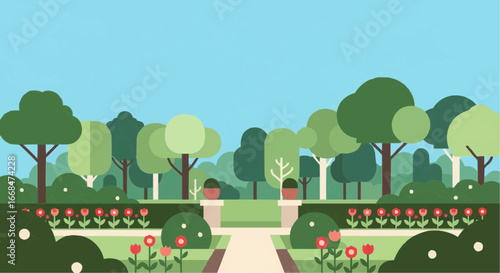 A beautiful, flat illustration of a lush green park with a pathway leading through manicured bushes and blooming red flowers under a clear blue sky.