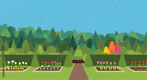 A colorful garden with flower beds, trees, and a path on a sunny day.