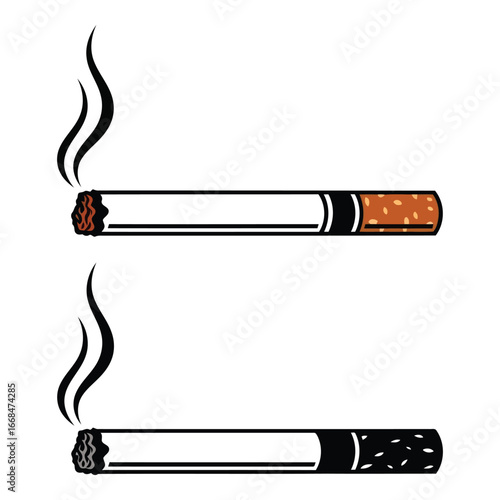 Two smoking cigarettes with wisps of smoke isolated on white for tobacco addiction awareness
