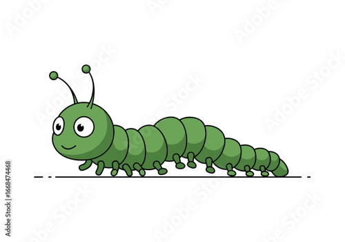 Cute green cartoon caterpillar crawling along a simple line with big eyes and antennas