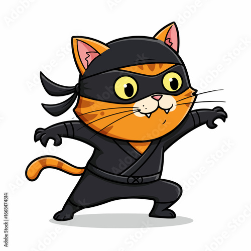 an orange cat dressed as a ninja with open arms and legs apart