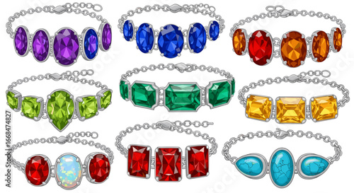 Collection of nine gemstone bracelets featuring various colors and shapes on silver chain designs