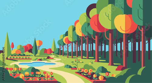 A vibrant, stylized illustration of a lush garden with a winding path, a pond, and a row of colorful trees under a clear blue sky.