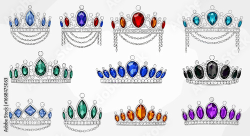 Collection of nine jeweled crowns with various gemstone colors and silver metal settings displayed together