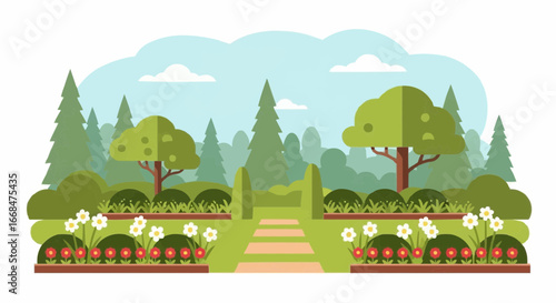 A beautiful, lush green garden with a stone pathway leading through manicured bushes and colorful flowers under a cloudy sky.