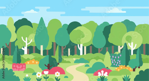 A picturesque summer landscape with a winding path through a lush forest and vibrant flowers.
