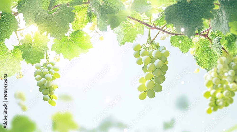 Naklejka premium Crisp and vibrant green grapes on the vine, detailed with healthy leaves, floating on a white backdrop for freshness focus