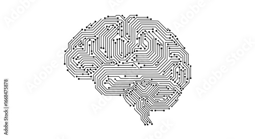 Brain illustration depicted as a circuit board, symbolizing intelligence and technology.