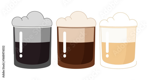 Three cartoon glasses of beverages with varying foam and color, featuring an exclamation mark.
