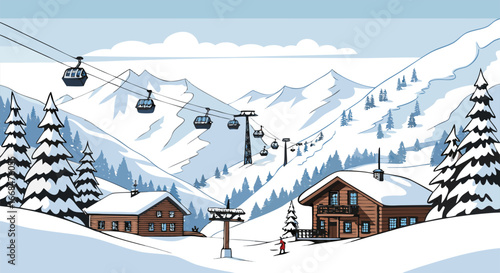 Pixel art ski resort village snow-covered mountains cable cars snowy landscape winter destination
