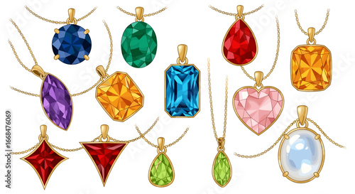 Collection of gemstone pendants with gold chains in various shapes and vibrant colors displayed together