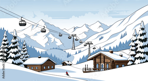 Pixel art ski resort village snow-covered mountains cable cars snowy landscape winter destination
