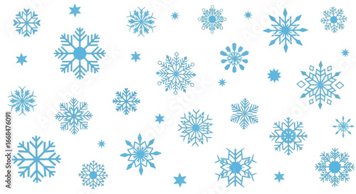 A collection of blue snowflakes of varying sizes and designs scattered on a white background.