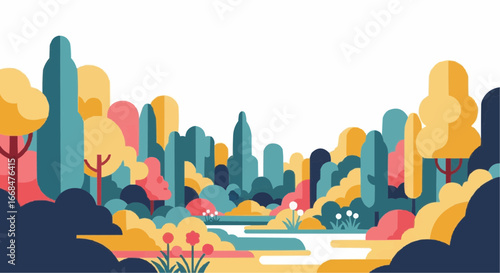 Stylized landscape illustration with trees, water, and a distant city skyline.