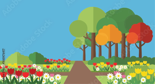 A picturesque park scene with colorful flowers and trees.