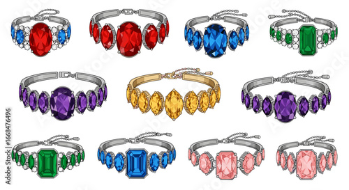 Collection of bracelets with colorful gemstones in various shapes and metal band designs displayed