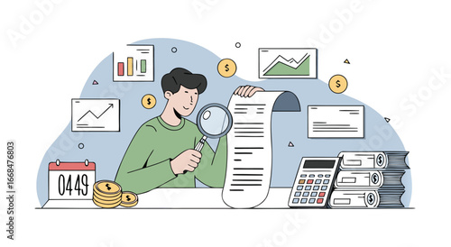 Financial Analyst Examines Tall Receipt Document With Magnifying Glass Surrounded by Charts and Numbers
