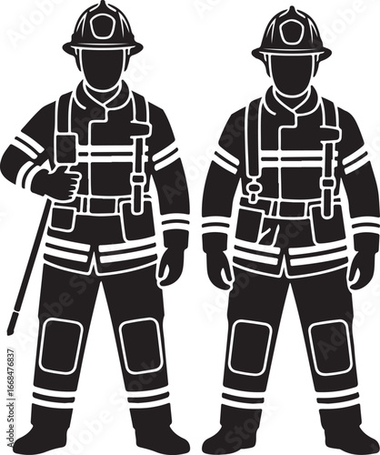 Two Firefighters Standing Together Black Silhouette Illustration