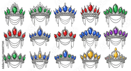 Collection of fifteen intricately designed crowns adorned with various colored gemstones and delicate chain details