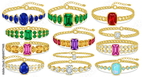 Display of twelve gold chain bracelets adorned with various colorful gemstones and crystal accents jewelry