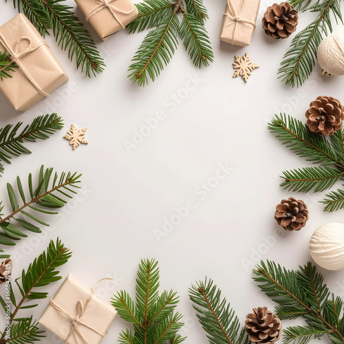 Rustic Holiday Wreath with Pine Branches, Wrapped Gifts, and Wooden Snowflakes