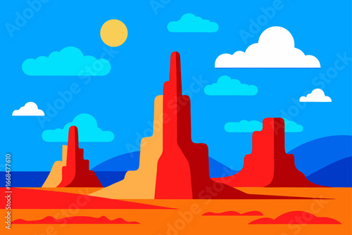 A desert landscape with mesas under a bright sky