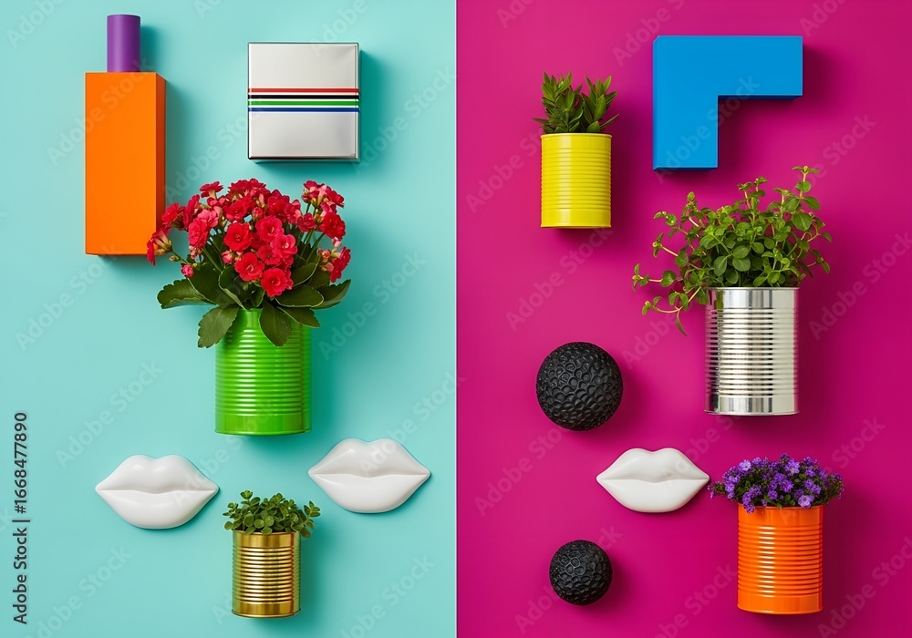 Fototapeta premium Bold Abstract Still Life with Colorful Blocks, Flowers, and Lips on Split Background