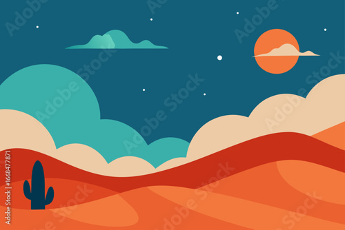 Desert landscape with cactus clouds and the sun set