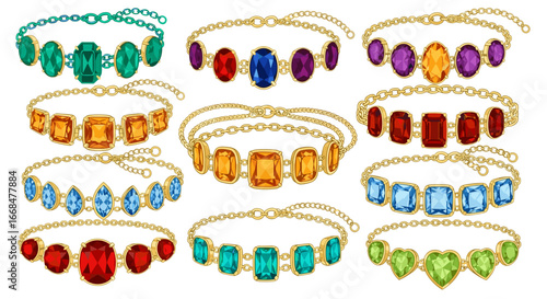 A collection of twelve gold bracelets adorned with colorful gemstones in various shapes and arrangements