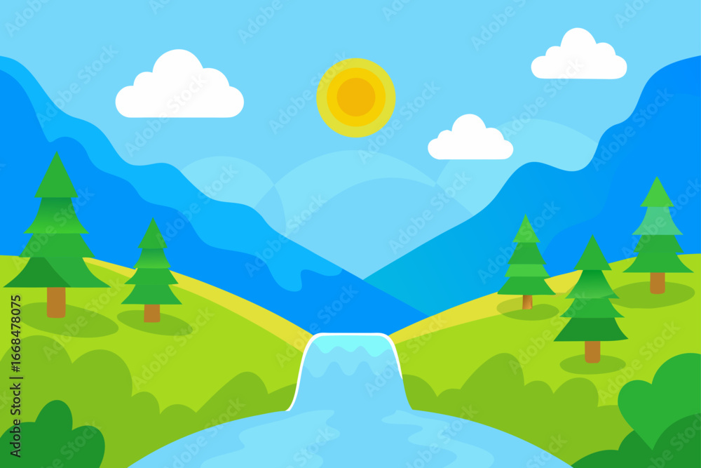 Fototapeta premium Cartoon landscape with waterfall and mountain view