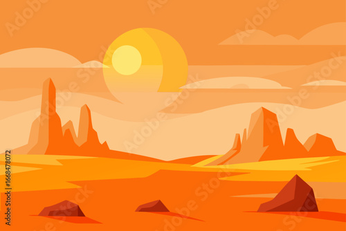 Desert landscape with sun and rock formations view