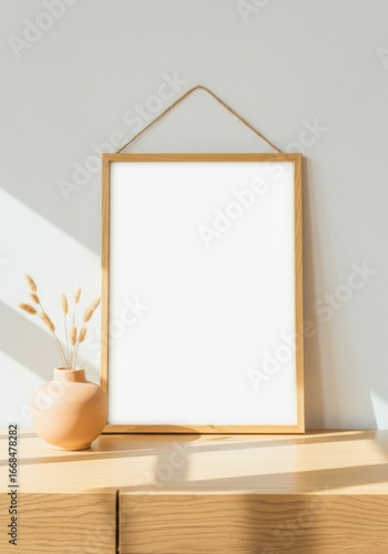 Modern interior mockup with wooden poster frame, decorative vase and sunlight shadows, ideal for artwork and poster presentation