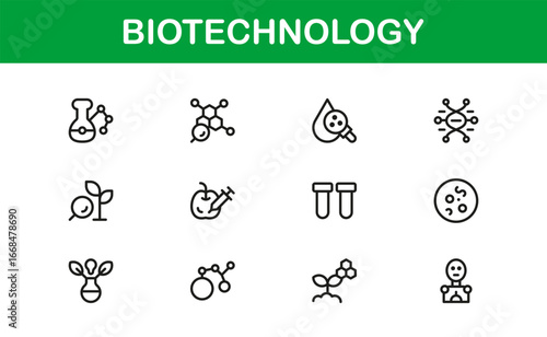 Biotechnology and Bioengineering Icons – Flat Linear Outline Vector Symbols of DNA, Cell, Microscope, Genetics, Molecule, Lab, Research, Clean Minimal Pack for Apps and Infographics