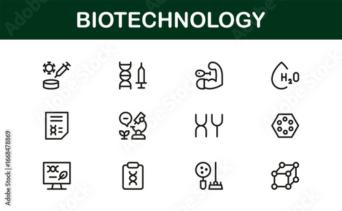 Biotechnology and DNA Icons – Flat Linear Outline Vector Pack Including Genetics, Cell, Molecule, Lab, Microscope, Research, Minimal Clean Collection for Web and Apps