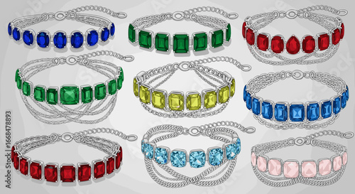A collection of nine gemstone bracelets with silver chains in various colors and shapes displayed