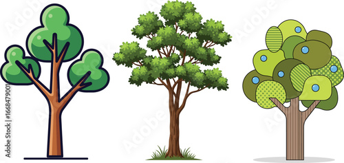 Three distinct stylized trees showcasing different artistic interpretations of foliage and trunk designs on a white background.