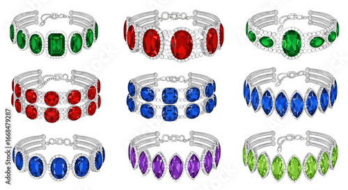 Collection of nine silver bracelets adorned with colorful gemstones in various shapes and arrangements