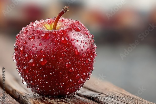 Fresh dewy red apple on rustic wooden table against a blurred natural background