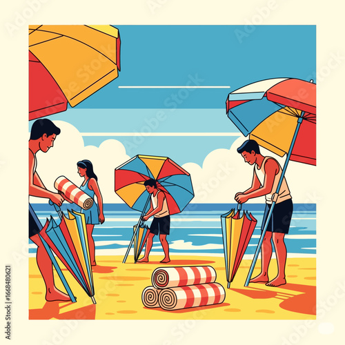 Colorful beach scene with people setting up umbrellas and beach towels.