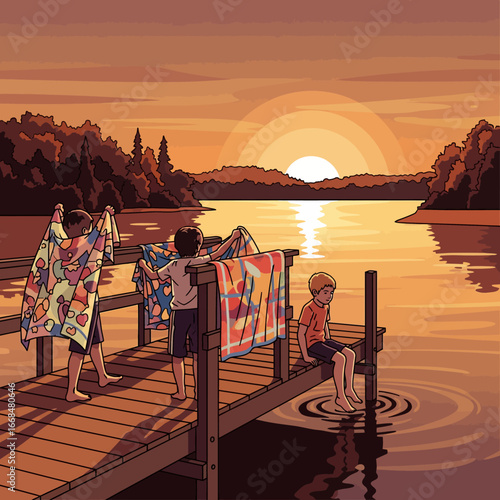 Three boys hang colorful beach towels to dry on a wooden dock at sunset over a calm lake.