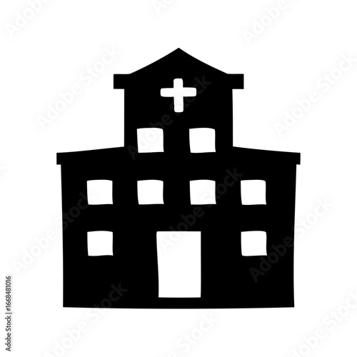 Stylized black and white cartoon drawing of a hospital building illustration