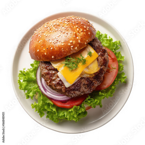 Delicious Burger in plate, side and top view on white background