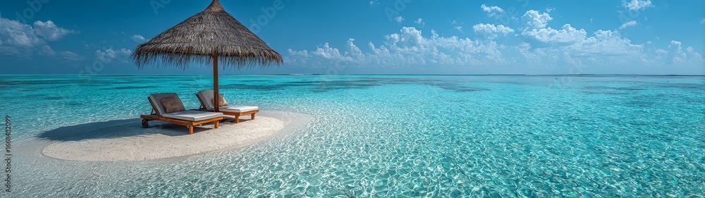 Tropical beach leisure setup with lounge chairs and umbrella summer vacation white sand serene ocean view