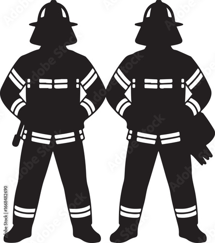 Two Firefighters Standing Together Black Silhouette Illustration