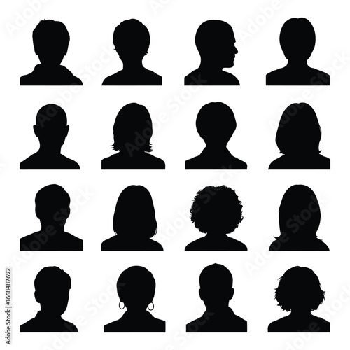 Collection of diverse human head and shoulder silhouette icons representing people and profiles