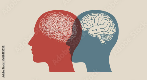 Two contrasting human heads, each containing a different depiction of a brain, symbolizing the duality of thought processes.