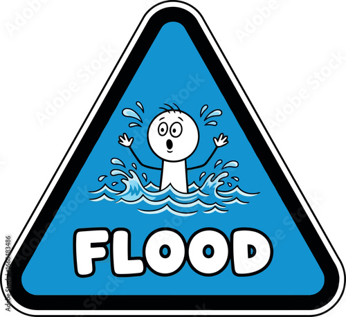 Cartoon flood warning sign with drowning person and water splash vector illustration vector